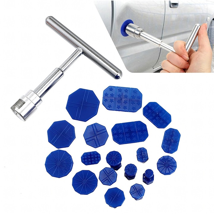 Kit Indepartare Indoituri Caroserie Auto, Ciocan, Puller, 18 Ventuze, 10 x 10 cm, Argintiu