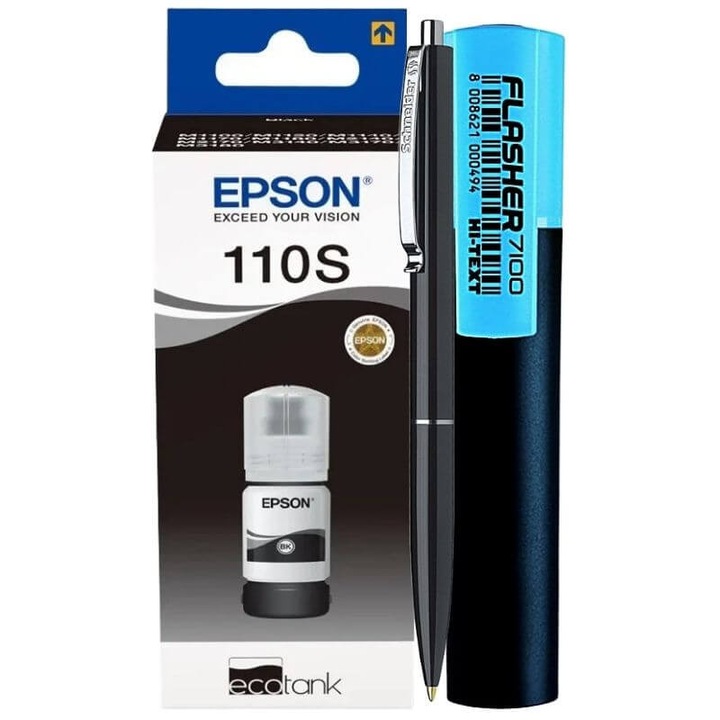 Set Flacon Cerneala Epson (110S) Original C13T01L14A 1x40ml, Negru - Pix XBall si Textmarker Flasher