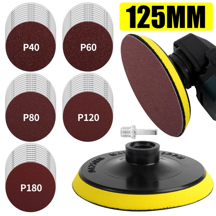 Set 50 Discuri Abrazive, BYONDSELF, Granulatie 80-600, 5 inch, cu Suport Disc de Slefuit si Tija de Prelungire