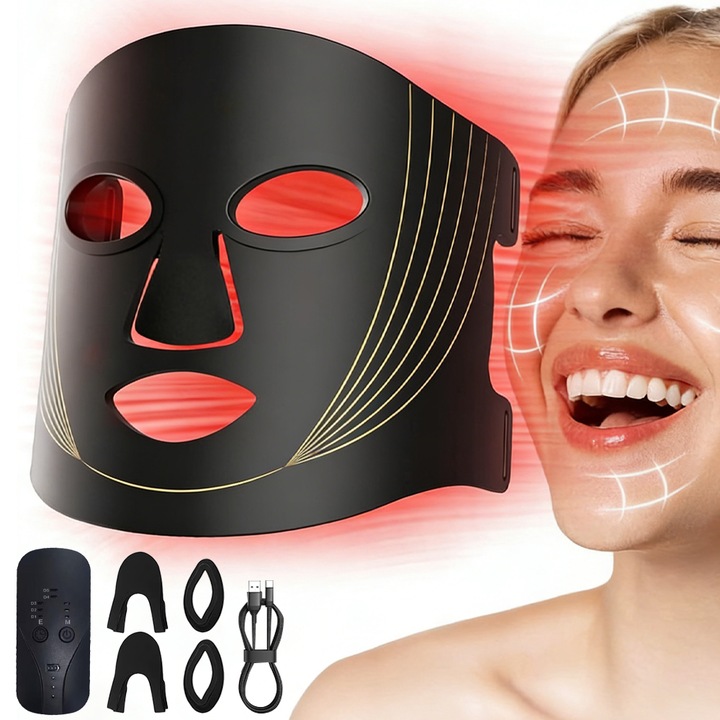 Masca faciala fototerapie, Tressino, sursa de lumina 7 culori, 70 LED-uri, 210 fascicule, pentru Ingrijirea si Intretinerea Tenului, reducerea ridurilor faciale, anti-imbatranire, anti-sebum, anti-Acnee, Productiei de Colagen, Silicon, anti-Acnee, Negru