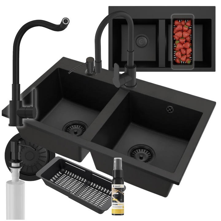 Set Chiuveta Granit Cu Doua Cuve, Robinet, Dozator Si Sifon, Granitan, 800 mm x 490 mm x 205 mm, Material Compozit Granit, Calitate Superioara, Tip Montaj Incastrat In Blat, Finisaj Mat, Rezistent La Pete Si Zgarieturi, Negru