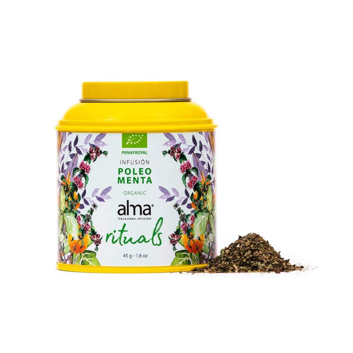 Ceai de menta bio Alma Teas, Poleo Menta, infuzie, 100% natural, surse sustenabile, efect relaxant, intareste sistemul imunitar, reduce disconfortul digestiv, efect revigorant, gust echilibrat, 45 g
