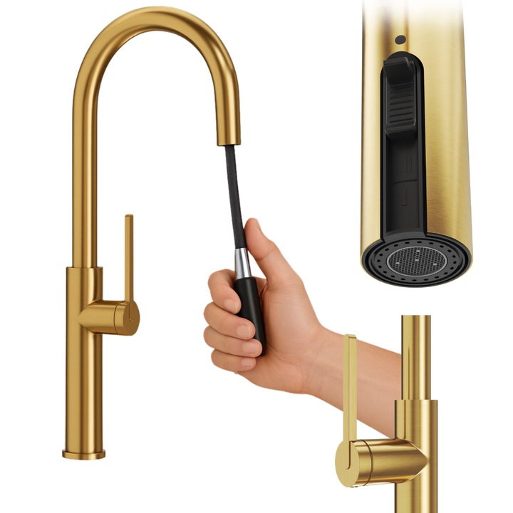 Set Baterie De Bucatarie Cu Accesorii, Granitan, 53 cm x 36 cm x 19 cm, Dus Extractabil, Design Rotativ, Dus Cu Doua Functii, Finisaj Elegant Aurit, Aur