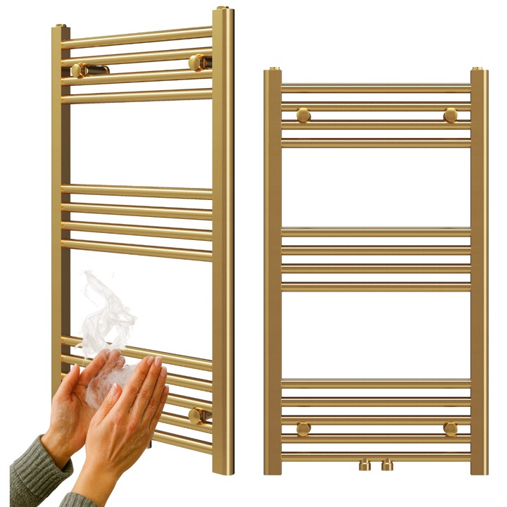 Set Radiator Baie, Granitan, 90 cm x 50 cm, Putere Termica 344 W, Material Otel, Tip De Conectare Inferior/Superior, Incrucisat, Posibilitate De Conectare A Incalzitorului Da, Aurie