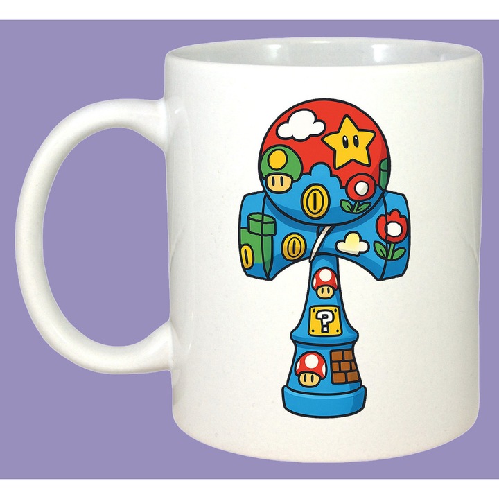 Cana Kendama retro gaming cu iconuri clasice pixel art Super Mario, Cadou, Sarbatori, Secret Santa, Cri-Flo, Culoare Alb, 330 ml