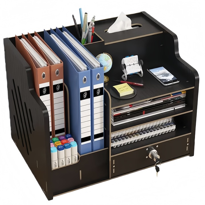 Organizator pentru birou Omelivon®, din lemn, cu sertare cu incuietoare, cutie servetele, suport creioane, capacitate mare, usor de asamblat si curatat, potrivit pentru hartie A4, dosare si obiecte de birou, culoare negru