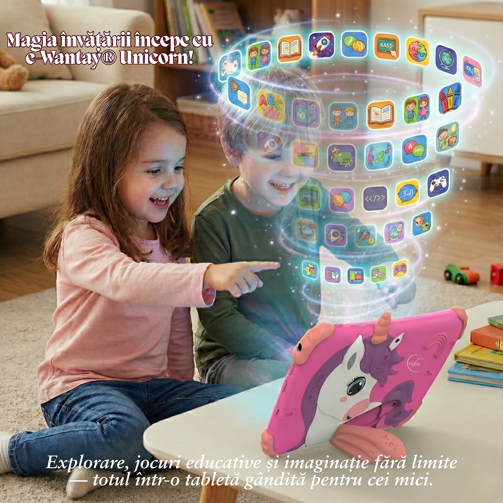 Tableta Educationala pentru Copii e-Wantay® Unicorn 7” HD, Android, 2GB RAM + 32GB, Jocuri Educative, Control Parental, Camera Foto Dubla, Bluetooth, WiFi, Baterie 3000mAh, Carcasa Anti-Soc cu Suport, Folie Protectie