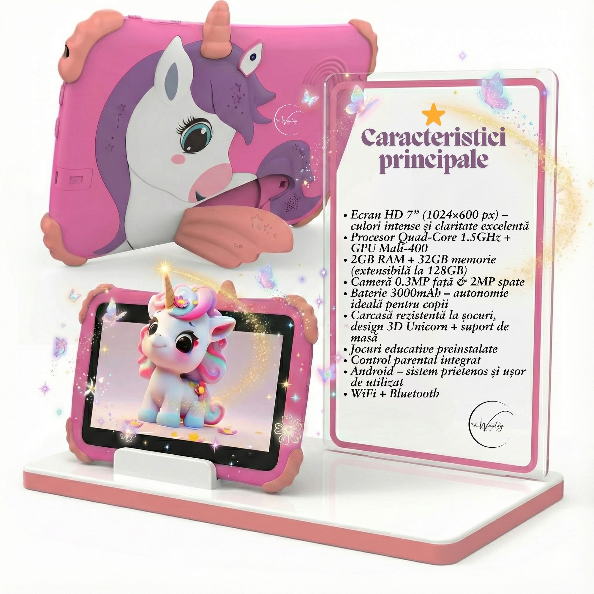 Tableta Educationala pentru Copii e-Wantay® Unicorn 7” HD, Android, 2GB RAM + 32GB, Jocuri Educative, Control Parental, Camera Foto Dubla, Bluetooth, WiFi, Baterie 3000mAh, Carcasa Anti-Soc cu Suport, Folie Protectie