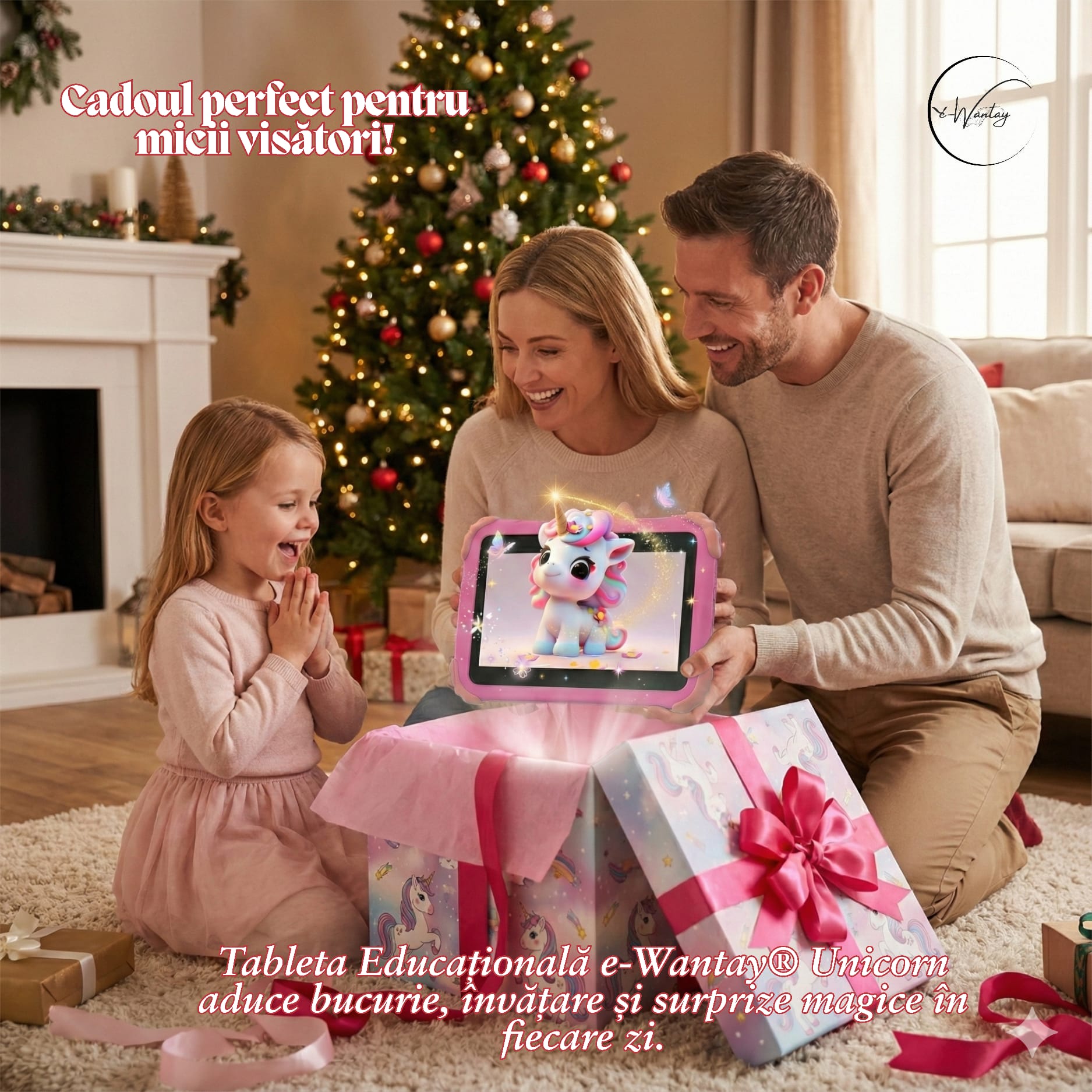 Tableta Educationala pentru Copii e-Wantay® Unicorn 7” HD, Android, 2GB RAM + 32GB, Jocuri Educative, Control Parental, Camera Foto Dubla, Bluetooth, WiFi, Baterie 3000mAh, Carcasa Anti-Soc cu Suport, Folie Protectie