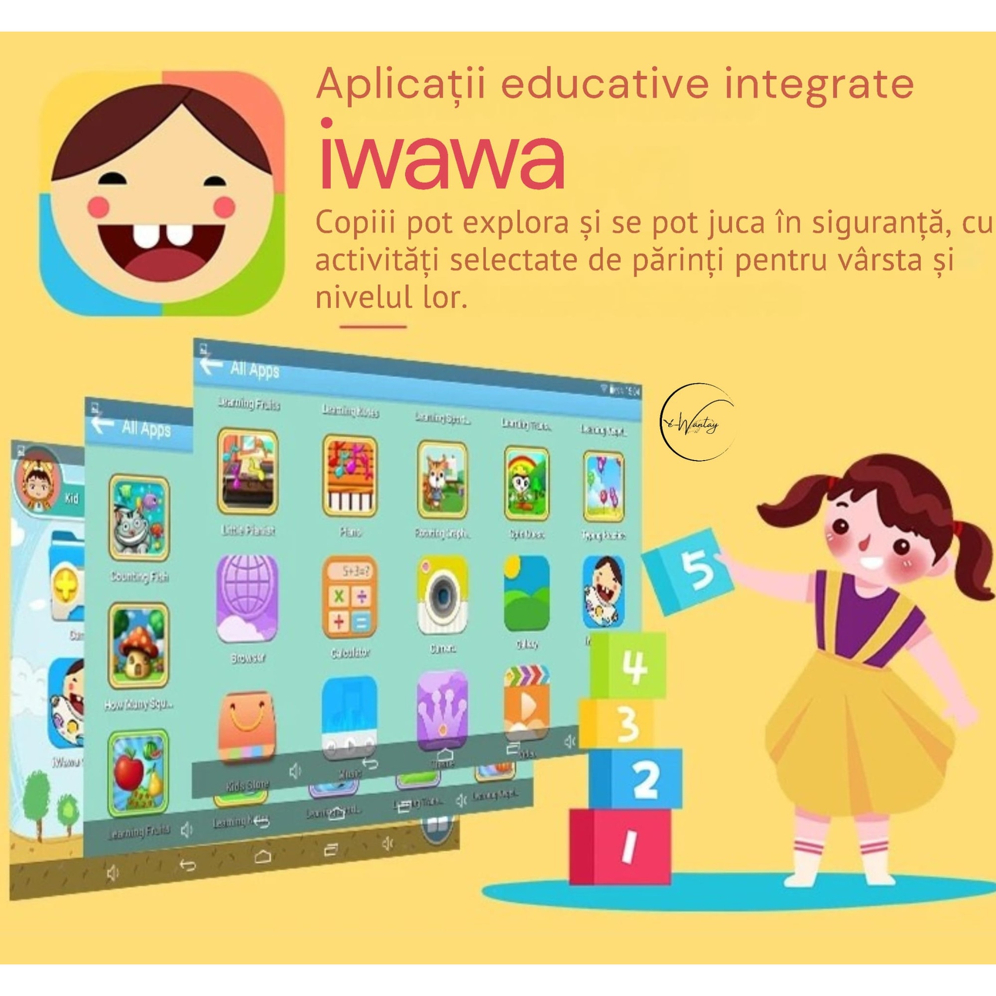 Tableta Educationala pentru Copii e-Wantay® Unicorn 7” HD, Android, 2GB RAM + 32GB, Jocuri Educative, Control Parental, Camera Foto Dubla, Bluetooth, WiFi, Baterie 3000mAh, Carcasa Anti-Soc cu Suport, Folie Protectie