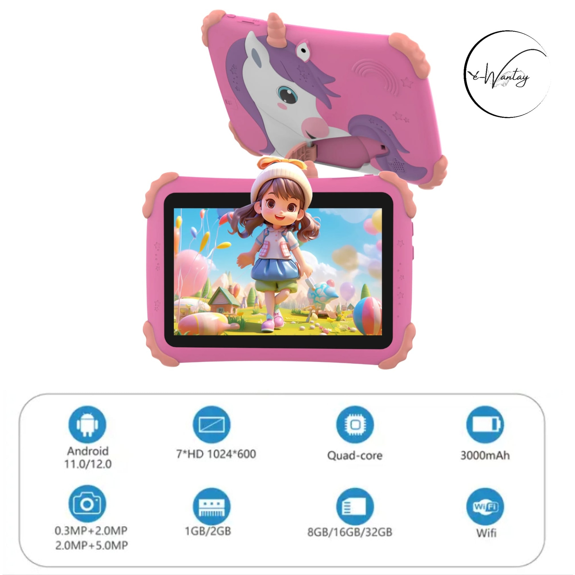 Tableta Educationala pentru Copii e-Wantay® Unicorn 7” HD, Android, 2GB RAM + 32GB, Jocuri Educative, Control Parental, Camera Foto Dubla, Bluetooth, WiFi, Baterie 3000mAh, Carcasa Anti-Soc cu Suport, Folie Protectie
