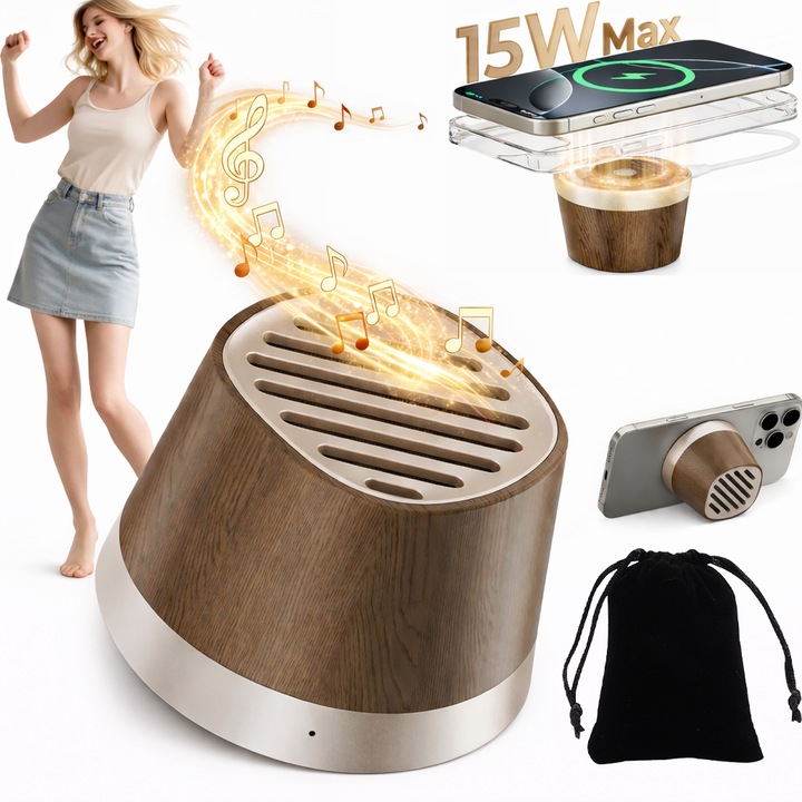 Difuzor Bluetooth magnetic, statie de incarcare wireless, mini difuzor portabil cu incarcator wireless si suport pentru telefon, difuzoare Bluetooth pentru bucatarie, Valentine's Day gift choices