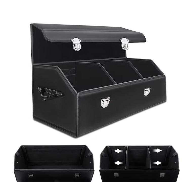 Organizator portbagaj auto Premium FooFoony, din Piele Rezistenta, Multifunctional, Pliabil, Rezistent, Prindere cu catarame, 75x31x29 cm, Negru