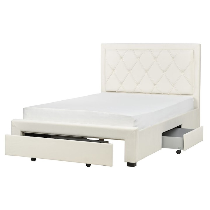 Krémszínű bársony ágyneműtartós franciaágy 140 x 200 cm Lievin