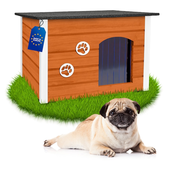 Outentin Casuta pentru caini exterior, teak – izolata si rezistenta la iarna, pentru caini de talie medie, acoperis plat rabatabil, casa moderna si stabila, 76 × 60 × 60 cm