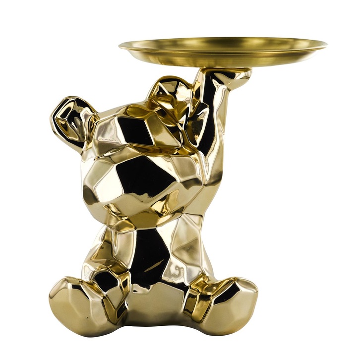 Suport decorativ in forma de urs cu tavita, Ideal pentru bijuterii, chei, dulciuri sau decoratiuni, 12 cm, Auriu