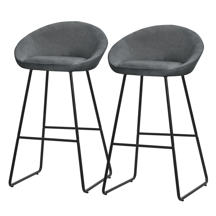 2x Scaune de bar hocker inalte ML-Design husa din tesatura in culoare antracita, inaltime 75 cm, cu spatar si suport pentru picioare, structura metalica modern pentru bucatarie, mobilier de bar bistro