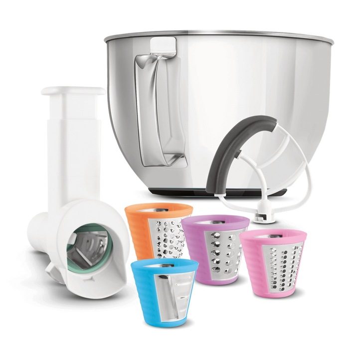 Set accesorii Sencor STX 008 pentru robot de bucatarie, taietor si razatoare, tel, recipient inox 4,5l