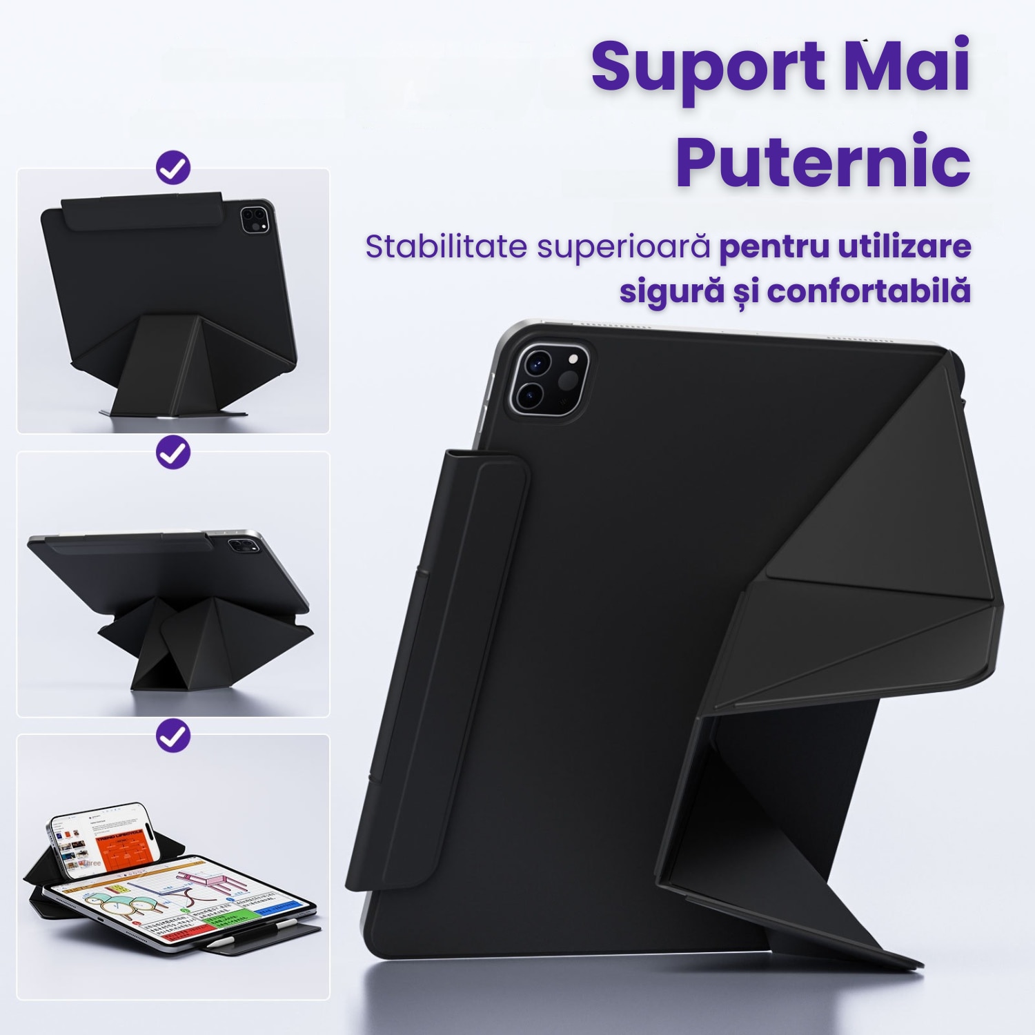 Husa de protectie Gelle pentru iPad Pro 11" M5 (2025), iPad Pro 11" M4 (2024), cu suport pentru stilou, husa inteligenta cu suport pliabil in 3 moduri, magnetica, ultra-subtire din piele, functie auto-wake, neagra