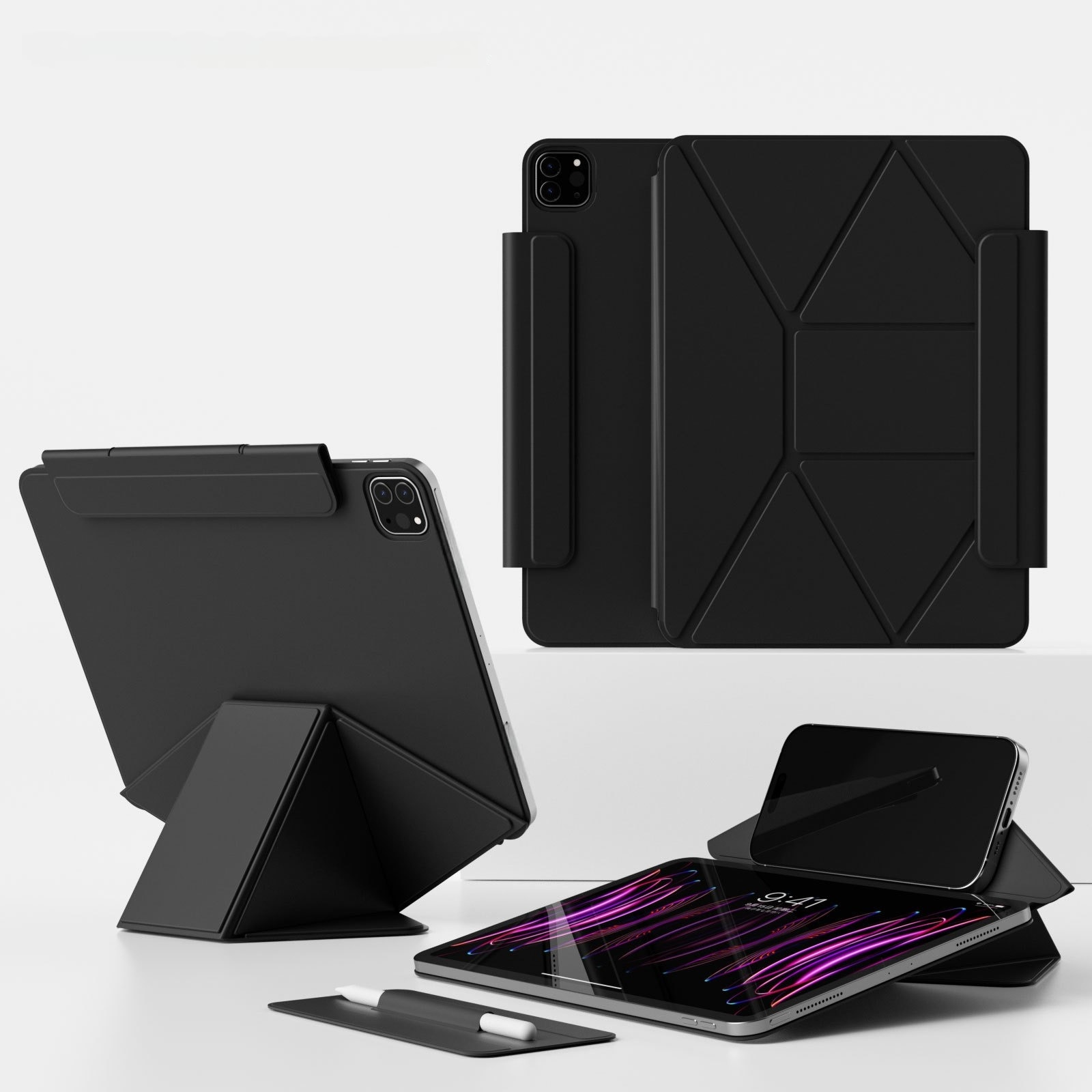 Husa de protectie Gelle pentru iPad Pro 11" M5 (2025), iPad Pro 11" M4 (2024), cu suport pentru stilou, husa inteligenta cu suport pliabil in 3 moduri, magnetica, ultra-subtire din piele, functie auto-wake, neagra