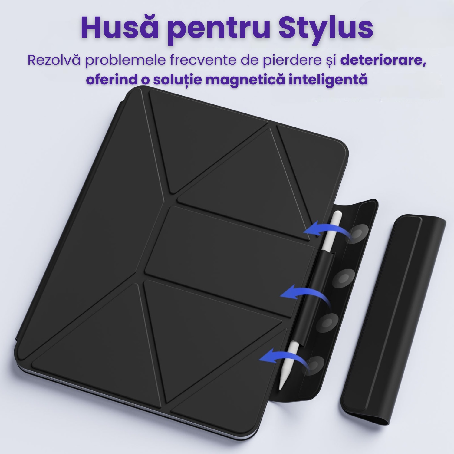 Husa de protectie Gelle pentru iPad Pro 11" M5 (2025), iPad Pro 11" M4 (2024), cu suport pentru stilou, husa inteligenta cu suport pliabil in 3 moduri, magnetica, ultra-subtire din piele, functie auto-wake, neagra