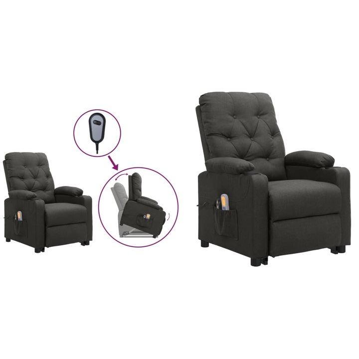 Fotoliu de masaj cu ridicare, gri inchis, textil