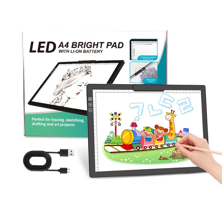 Tableta Grafica cu lumina LED A4, Seezesol Solution™, Plansa de desen alimentata prin USB, Luminozitate Reglabila, pt Desen, Schite, Animatie, negru