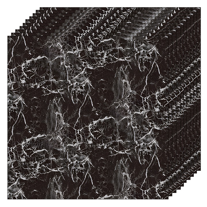 Set 24 Placi de Pardoseala Marmura Autoadeziva Mare Teno®, suprafata acoperire 5.02 mp, reutilizabile, adeziv puternic, anti-aderente, waterproof, aspect modern, 45.7 x 45.7 cm, negru