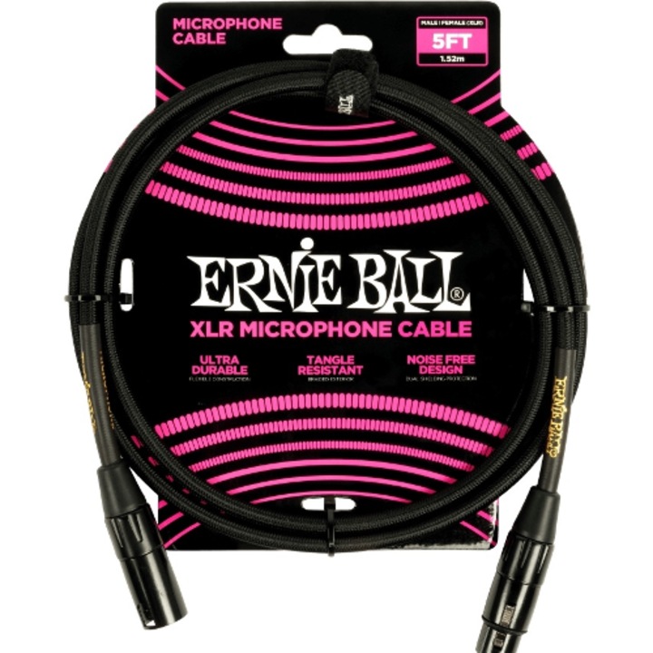 Cablu microfon XLR impletit 5ft, Ernie Ball, negru, rezistent la incurcaturi