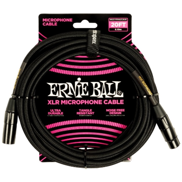 Cablu microfon XLR impletit 20ft, Ernie Ball, negru, rezistent la incurcaturi