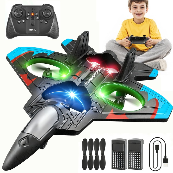 Самолет с дистанционно управление Star Storm Fighter, YOUKUKE® 4DRC V32, обхват 120 м, LED светлини, с дистанционно управление, система за засичане на гравитацията, преобръщане на 360°, жироскопична стабилизация, Устойчив на удар, 25x5.7x18 см, Син