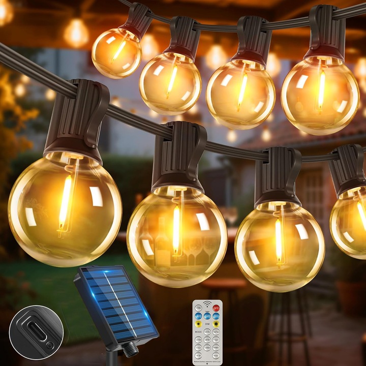 Ghirlanda decorativa cu lumina solara de 10 metri, YOUKUKE®, 12 becuri LED G40 + 1 de rezerva, 8 moduri, incarcare solara + USB, lumina calda 3000K, IP44, telecomanda, intensitate reglabila, pentru terasa, nunta, petrecere, curte