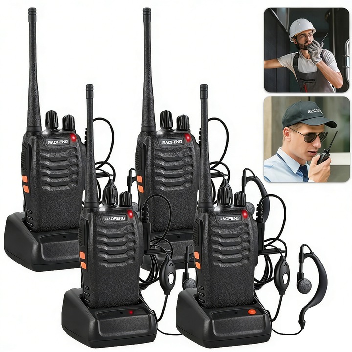 Комплект от 4 преносими радиостанции Baofeng BF-888S, UHF 400-470MHz, Уоки-токи, програмирани на 16 PMR канала, Обхват на вълните 1-10км, Включени аксесоари, Фенерче, YOUKUKE®, Черни