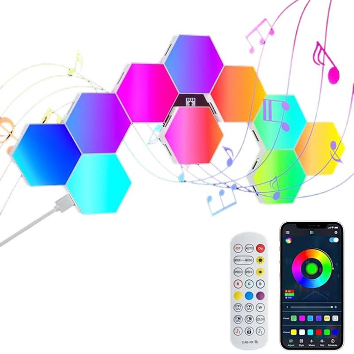 Kit panouri luminoase LED modulare inteligente, Duueyct, Set de 10 corpuri de iluminat hexagonale LED pentru jocuri, cu control prin aplicatie si sincronizare muzicala, Compatibil Alexa, Google, Tuya, iOS, Android, design modular geometric DIY