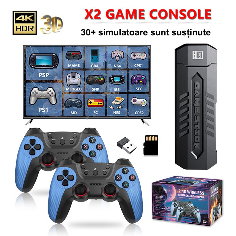 Consola de Jocuri Retro Rqiurpn, 30000 jocuri, 2 controlere wireless, 64GB, 4K, Plug and Play