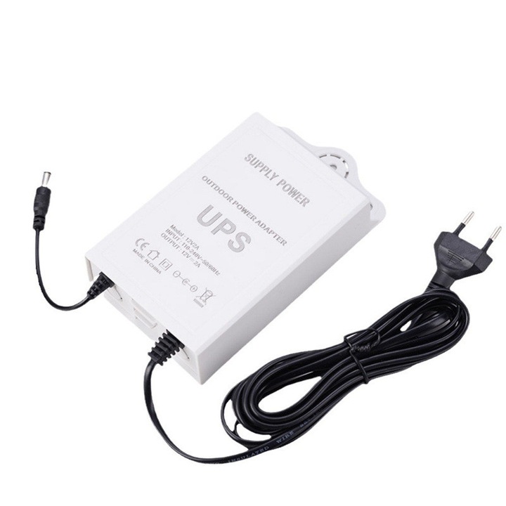 Mini UPS Power Buddy, Rqiurpn, Sursa de alimentare neintreruptibila, Rqiurpn, 12V-2A pentru router, modem, design compact, instalare usoara, poate fi utilizata ca adaptor de alimentare pentru camere de supraveghere, Alb