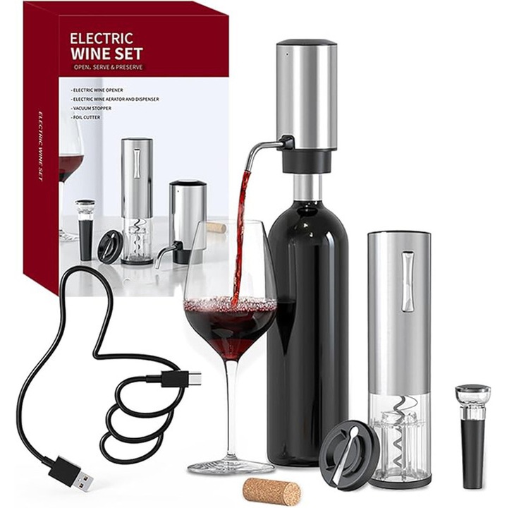 Електрически комплект за отваряне на вино 4-в-1, Rqiurpn, акумулаторен тирбушон, аератор, резачка за фолио, вакуумна тапа, сребрист