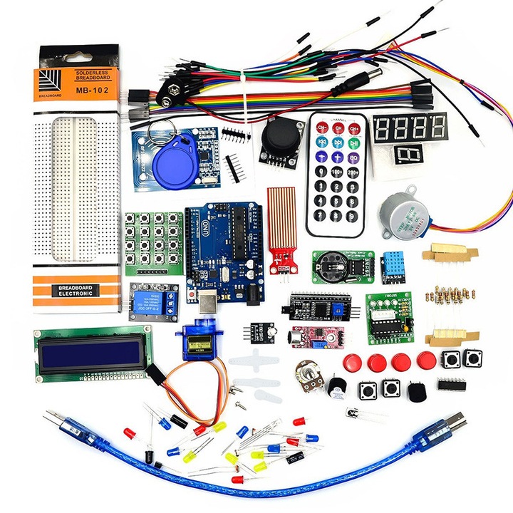 Kit de programare Arduino Starter UNO R3, Rqiurpn, Display LCD, Fotorezistor LDR, motor pas cu pas, telecomanda infrarosie