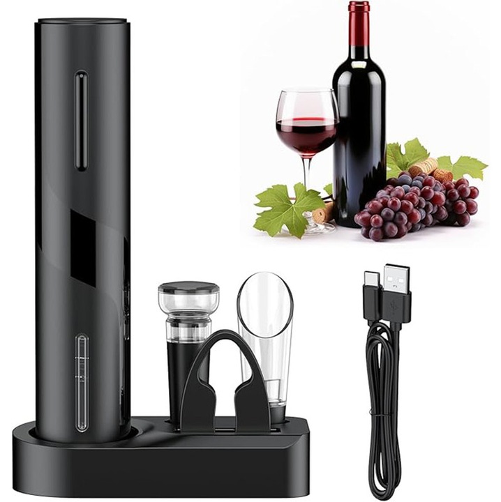 Комплект за отваряне на бутилки пет в едно с батерии, с автоматичен тирбушон с вграден декантер, наливачка, вакуумно запечатана основа за рязане на фолио и USB-C акумулаторен електрически тирбушон