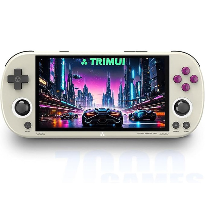 Consola retro portabila TRIMUI Smart Pro cu jocuri, Rqiurpn, 4,96 inch, procesor A133P, 64G, WiFi 5, 9000+ jocuri, quad core Cortex-A35 1.8GHz, 1GB LPDDR4, 1280x720, 5000 mAh, suport emulatoare, Gri