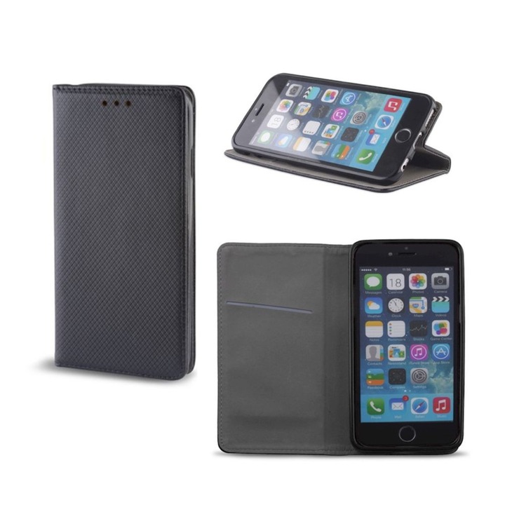 Husa carte Smart Stand, G-Tech, compatibila cu Samsung Galaxy M17, buzunar card, piele ecologica, Negru