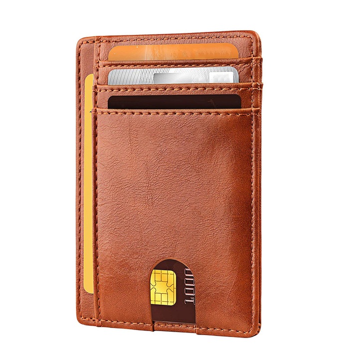 Portofel barbati, AFKSMILE, Portofel securizat RFID pentru carduri, Compartimente multiple, Cu capacitate 8 carduri, Buzunar ascuns pentru depozitarea banilor, chitantelor si facturilor, PU piele, 11.4*8*0.9cm, Maro