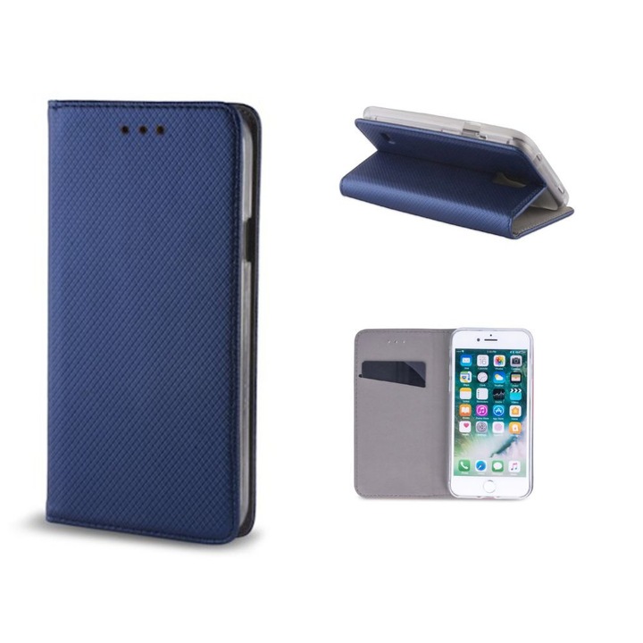 Husa carte protectie 360, G-Tech, compatibila cu Motorola G57 Power, buzunar card, piele ecologica, Albastru Inchis