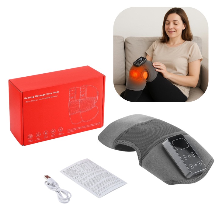 Professzionális térdmaszírozó készülék, 3 vibrációs beállítás, 5 hőmérséklet-beállítás, fizikoterápia, ízületi gyulladás, ízületi fájdalom, LCD kijelző, 300 mAH akkumulátor