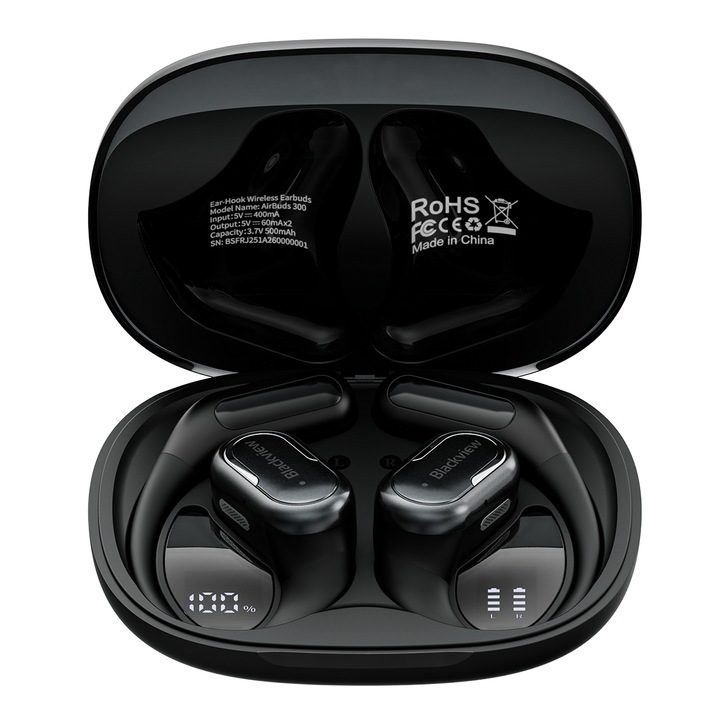 Blackview AirBuds 300 vezeték nélküli fülhallgató zajszigeteléssel, In-ear Bluetooth, digitális kijelző, Bluetooth 6.0, 28 órás Bluetooth üzemidő, érintésvezérlés, gyors töltés, IPX5, sport, univerzális, fekete
