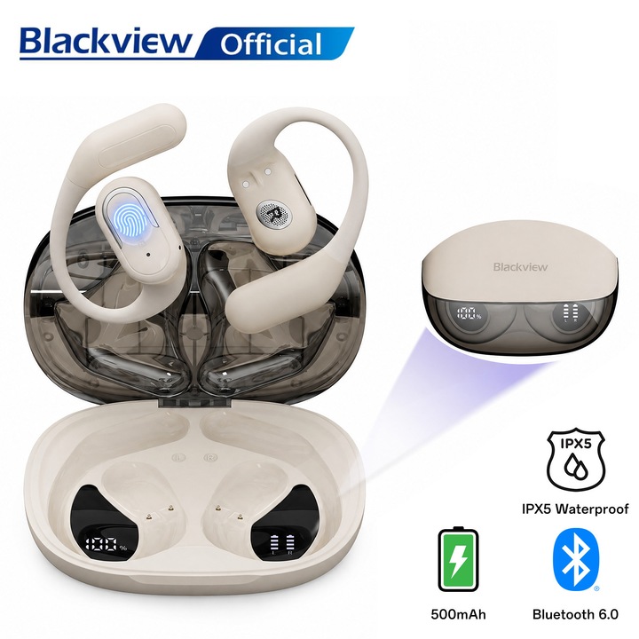 Casti wireless Blackview AirBuds 300 cu izolare a zgomotului, In-ear Bluetooth, Casti Wireless Audio, Fara fir, Afisaj Digital, Casti Bluetooth 6.0, Autonomie Bluetooth 28 ore, Control touch, reincarcare rapida, IPX5, Sport, Universale, alb