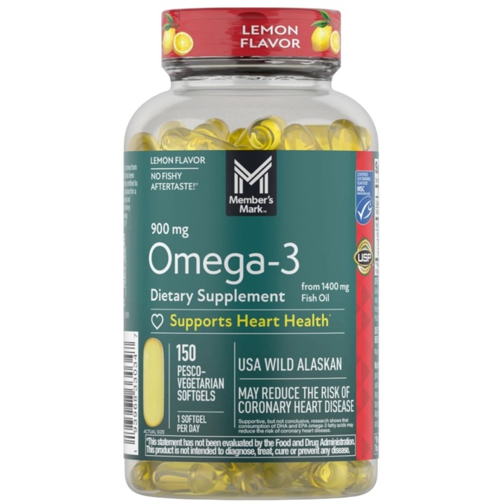 Supliment Alimentar, Member's Mark, Omega 3, Sursa Concentrata de Acizi Grasi Esentiali pentru Sanatatea Inimii, Creierului si Articulatiilor, 900mg, Aroma Lamaie, 150 capsule moi