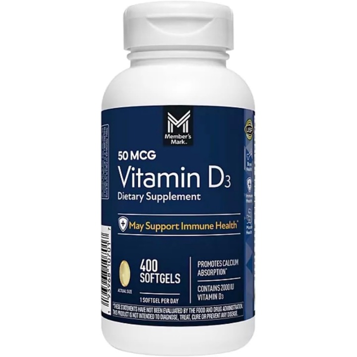 Supliment Alimentar, Member's Mark, Vitamina D3, Absorbtie Rapida, Intareste Sistemul Imunitar si Osos, 50mcg / 2000 IU / portie, 400 capsule moi