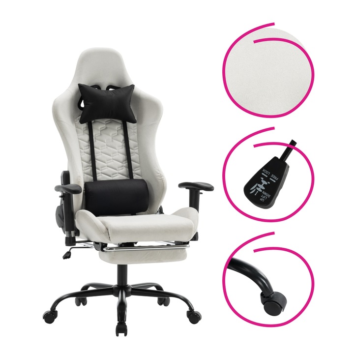 Scaun de birou, alb/negru, cu suport lombar, extensibil, inaltime reglabila, pe roti, design modern si confortabil, 66x67x129-139 cm