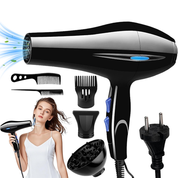 Професионален сешоар, салон, бързо сушене с 3 приставки, 24,5 x 28 x 4,5 см, черен